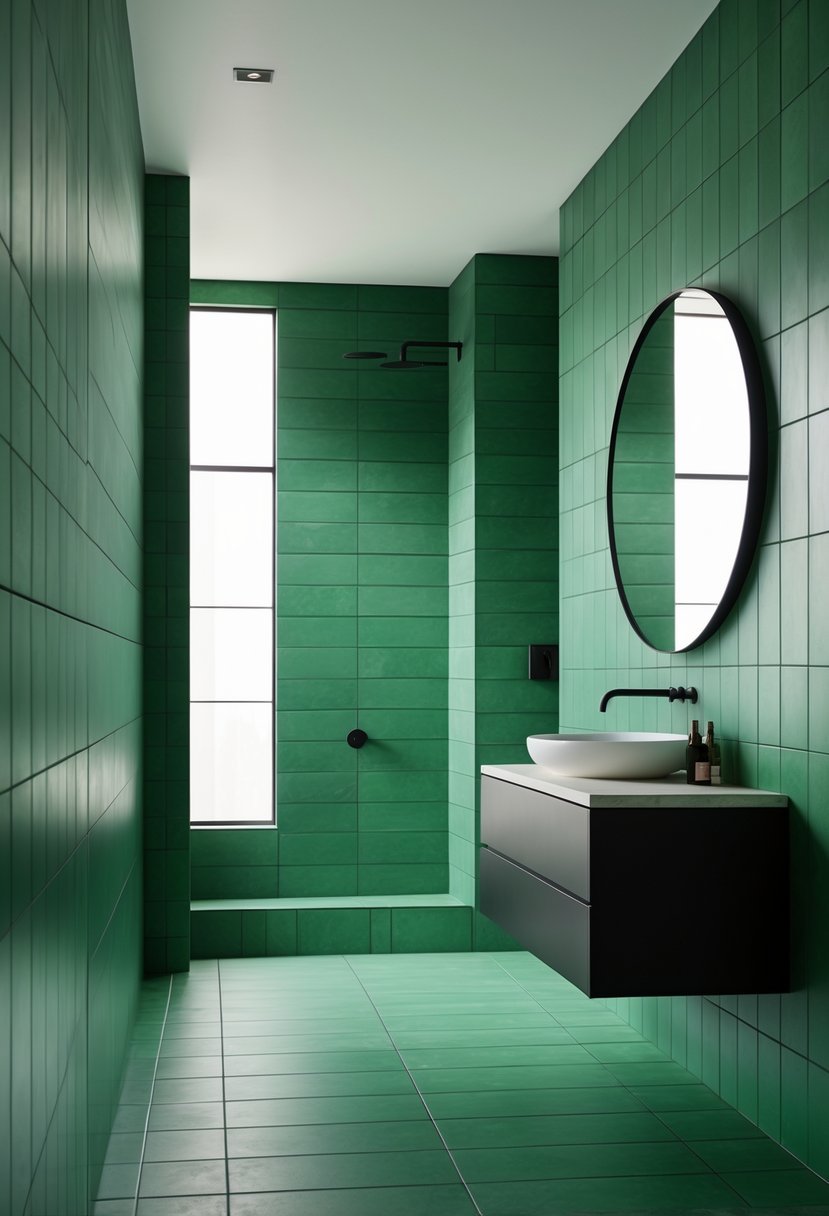 A bathroom with matte jade green tiles and black accents, featuring a floating vanity, round mirror, and black fixtures.