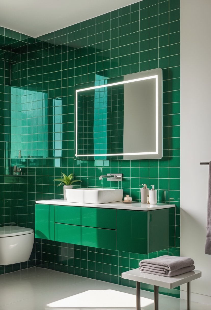 Bathroom with glossy green tiled walls and a floating vanity with a sink and mirror.