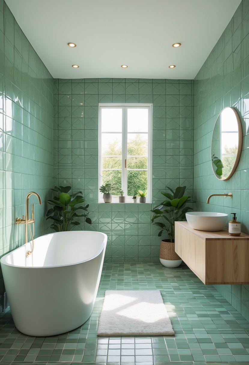 A bathroom with sage green geometric tiles on the walls and floor, featuring a white bathtub, wooden vanity, and plants.