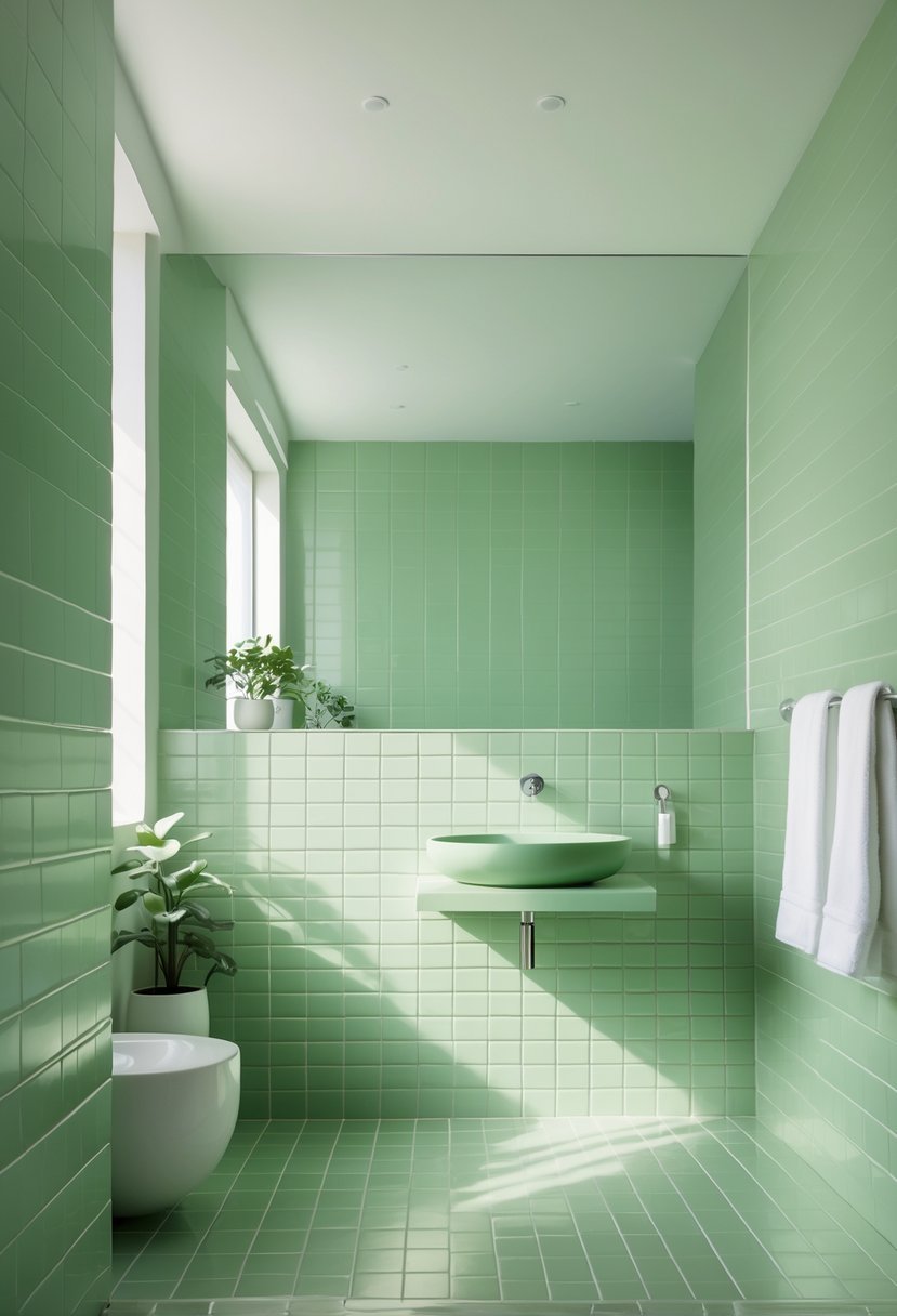 A bathroom with light green ceramic tiles and an integrated sink made from the same material.