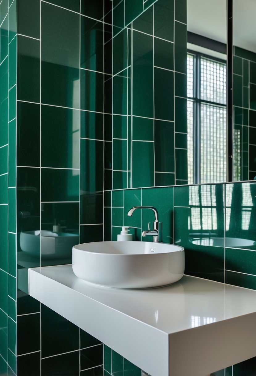 A bathroom with dark green tiled walls and a white countertop with a sink and faucet.