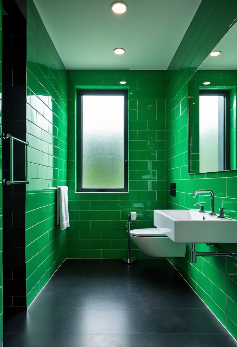 A bathroom with bright green tiled walls and a black floor, featuring a white sink and a mirror.