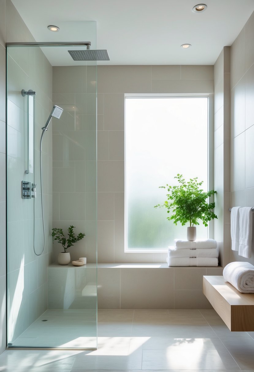 A modern bathroom with a walk-in shower enclosed by clear glass panels, featuring a rain showerhead and neutral-toned tiles.