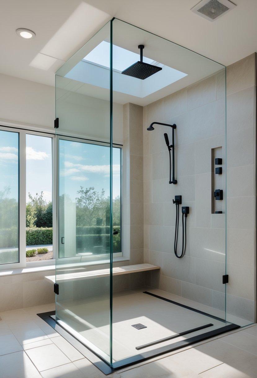 A bright bathroom with a curbless walk-in shower featuring glass panels, a rain showerhead, and a built-in bench.