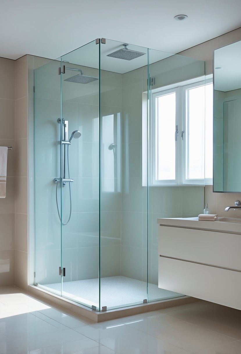 A bright bathroom with a frameless glass walk-in shower, chrome fixtures, and a vanity with a mirror.