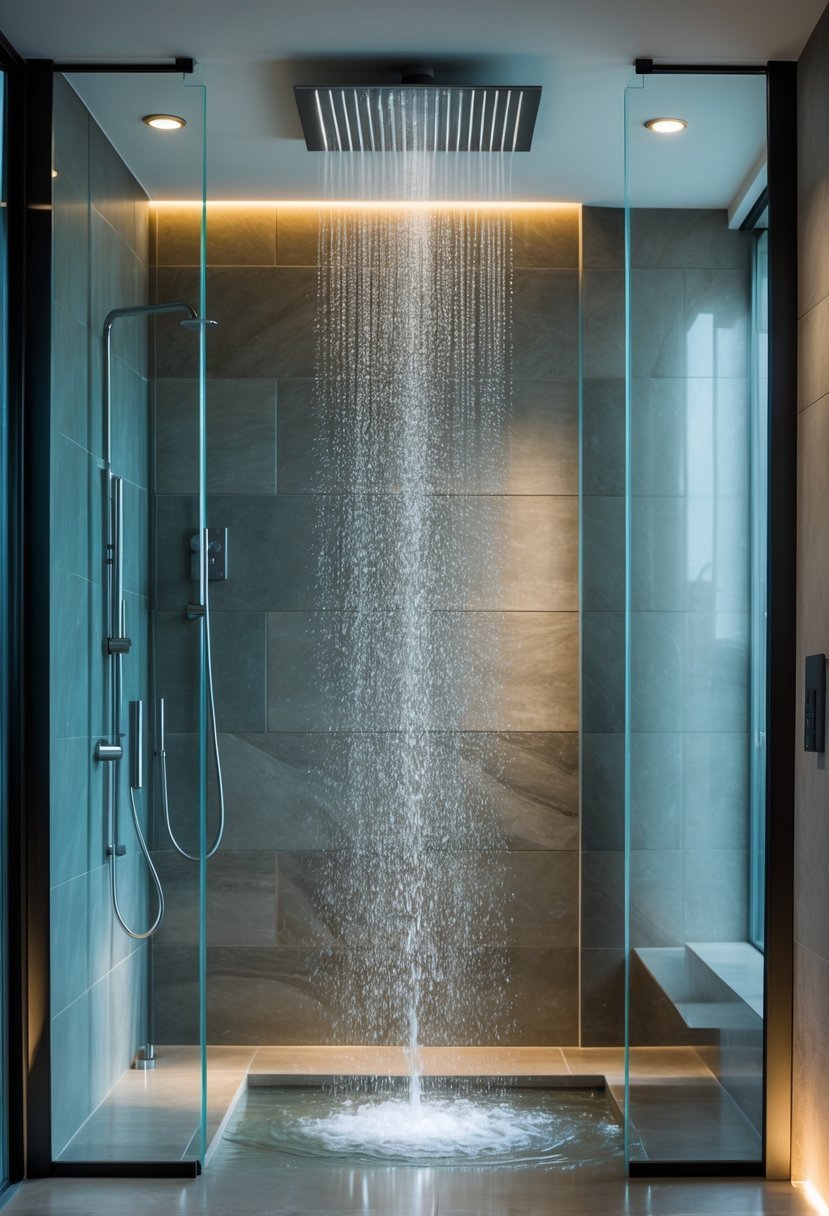 A walk-in shower with a large rainfall showerhead in a modern bathroom.