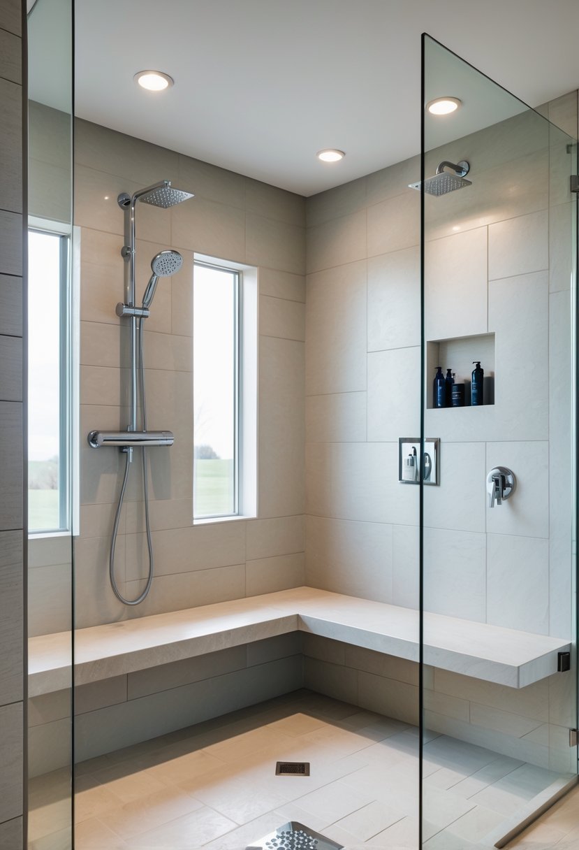 A walk-in shower with built-in stone bench seating, glass enclosure, and modern fixtures in a bright bathroom.