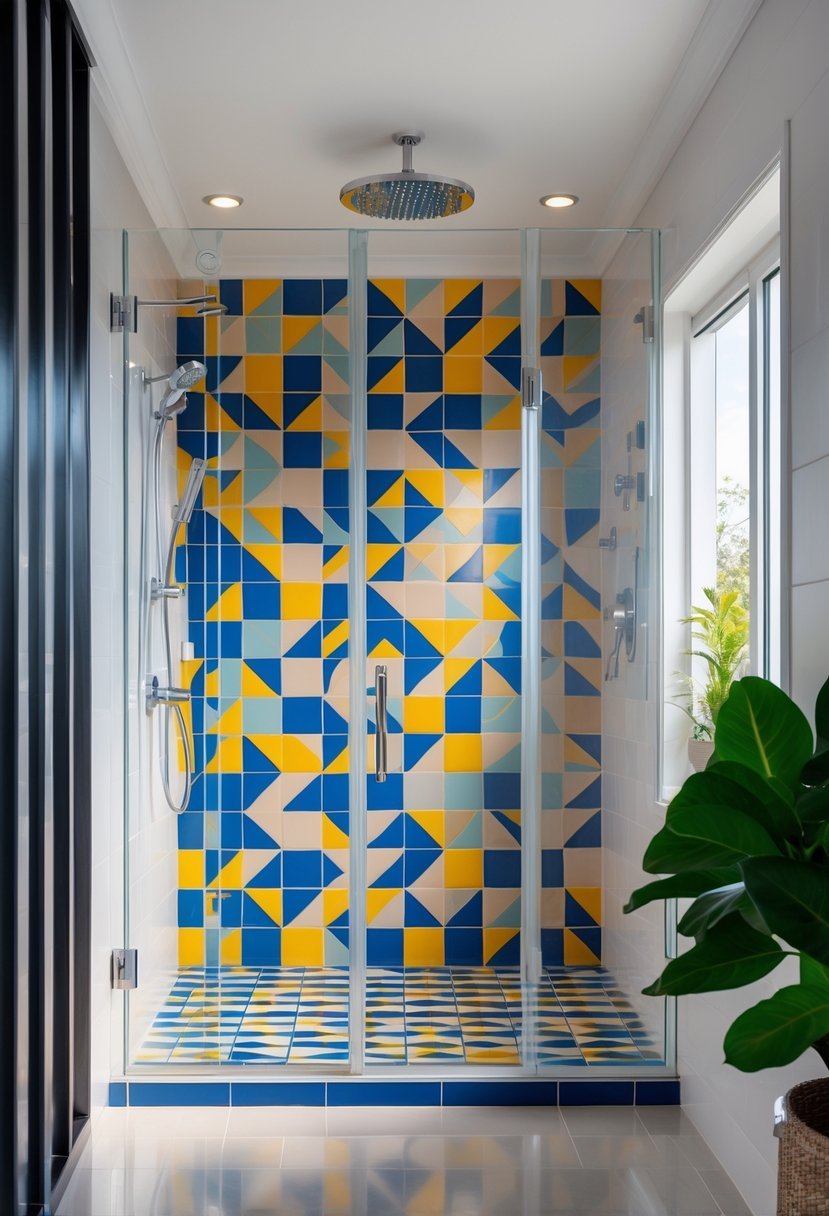 A spacious walk-in shower with bold geometric tile patterns, a glass partition, rainfall showerhead, and chrome fixtures in a bright bathroom.