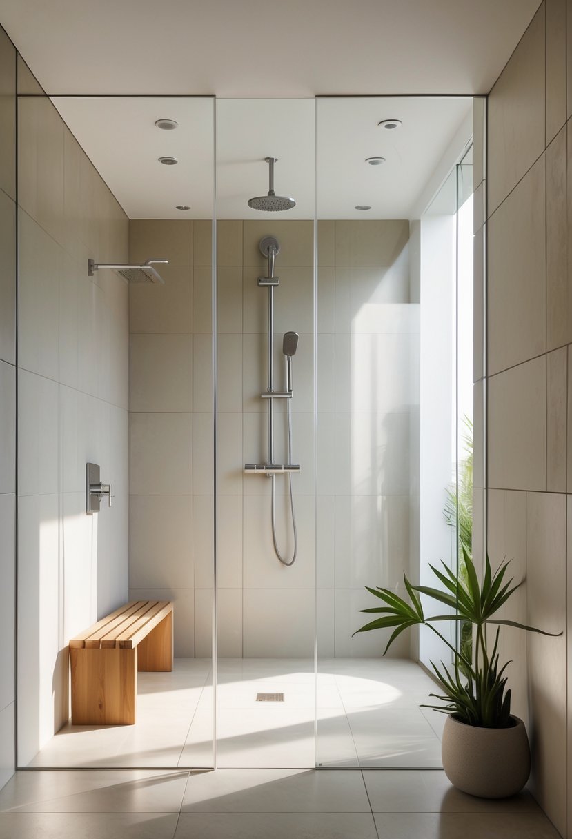 A spacious walk-in shower with clear glass panels, chrome fixtures, large neutral-toned tiles, a wooden bench, and a small green plant in a bright bathroom.