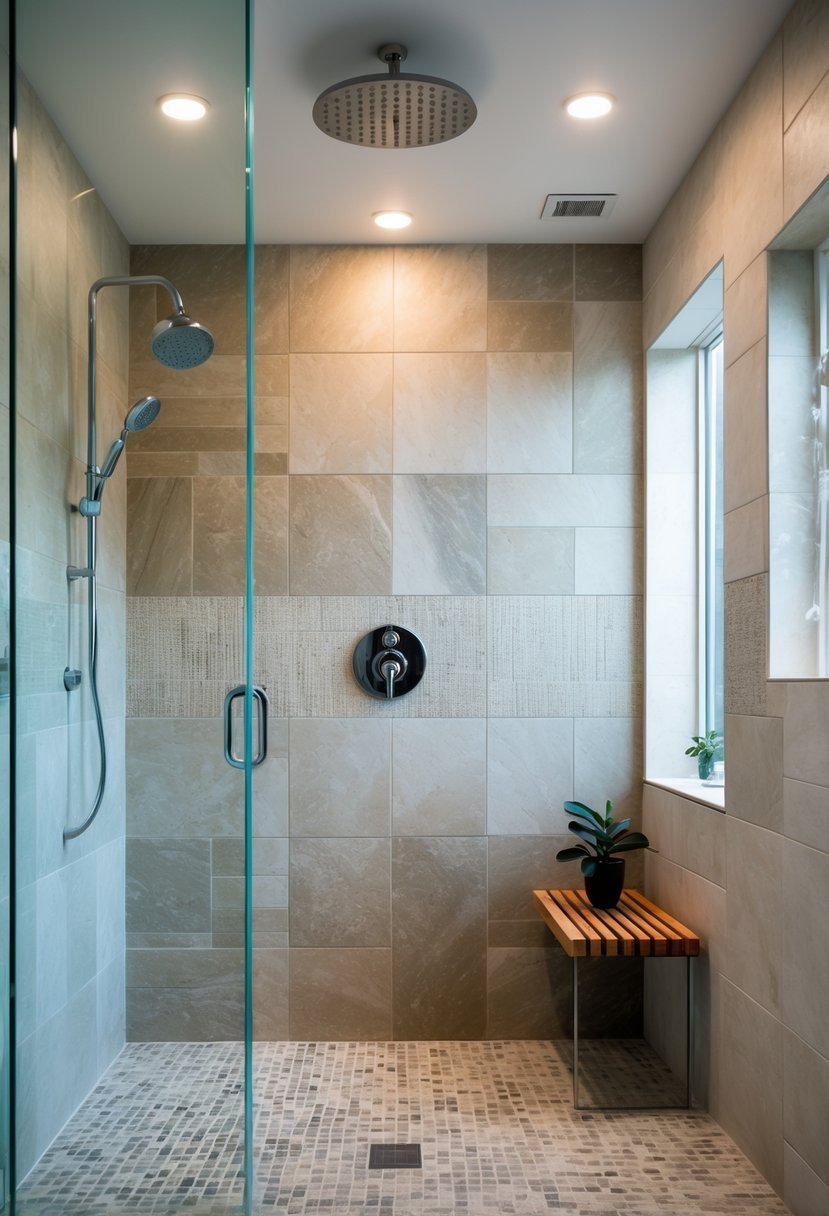 A walk-in shower with textured tile walls, a glass enclosure, and modern chrome fixtures.