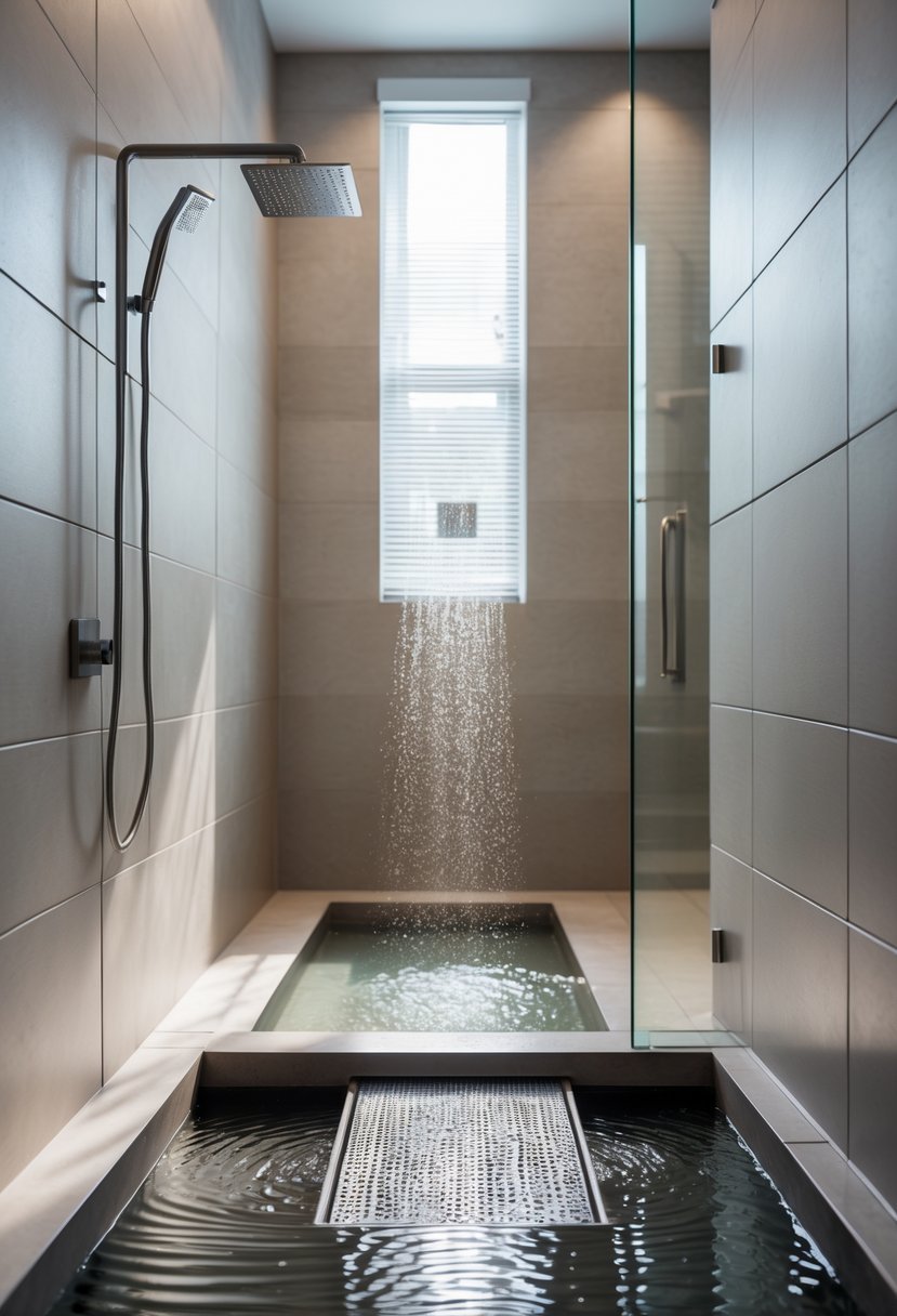 A modern walk-in shower with a linear drain along the floor edge and water flowing toward it.