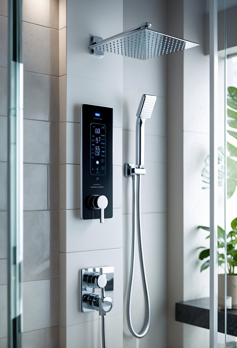 A modern walk-in shower with glass panels and smart digital temperature controls on the wall.