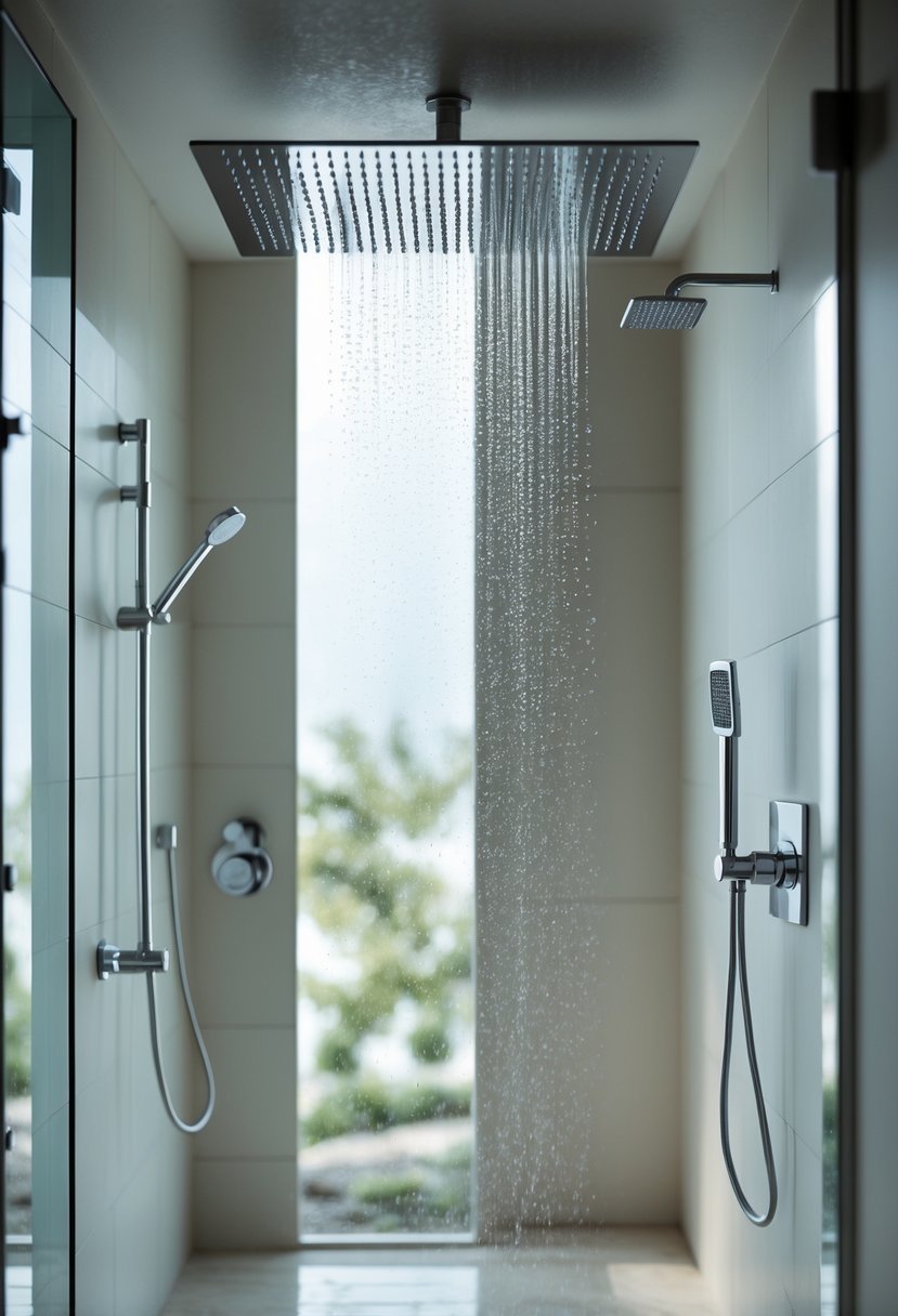 A walk-in shower with an overhead rain shower and a handheld sprayer mounted on the wall.