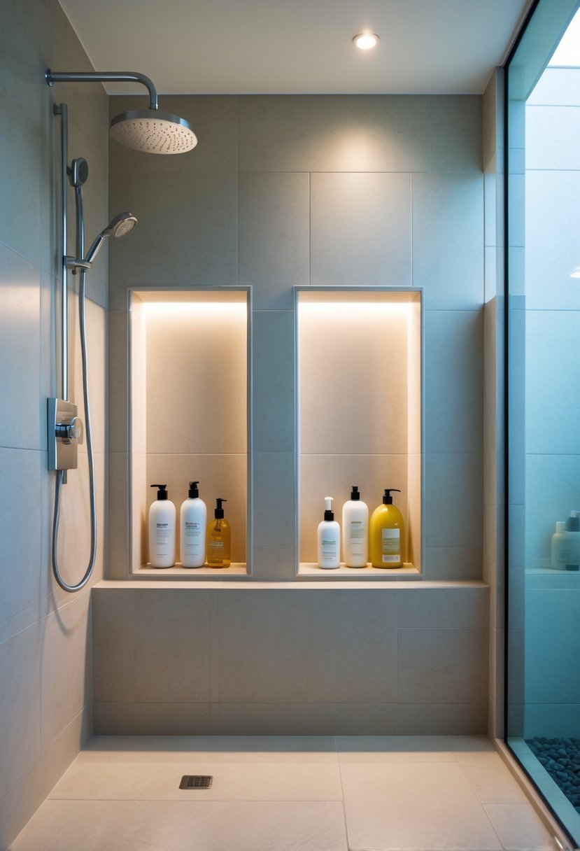 Walk-in shower with built-in bench niches holding shampoo bottles and soap bars in a clean, modern bathroom.