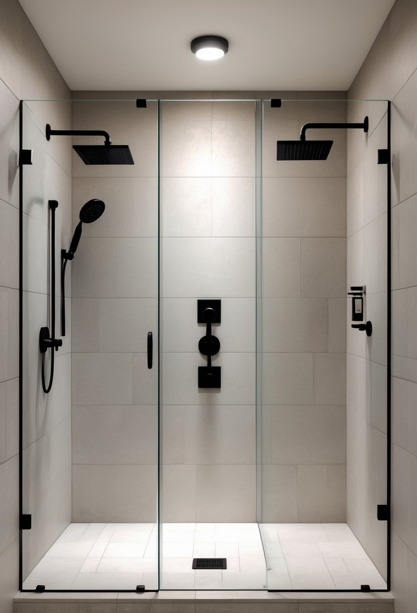 A walk-in shower with matte black fixtures, glass enclosure, and neutral tiled walls and floor.