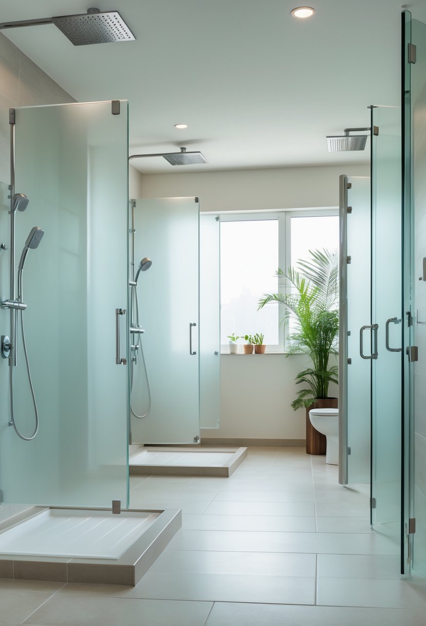 A shared bathroom with multiple walk-in showers separated by frosted glass panels for privacy.