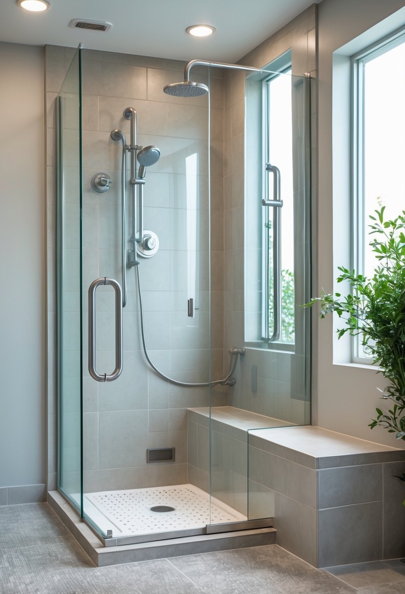 A walk-in shower with grab bars mounted on the walls and a built-in bench in a modern bathroom.