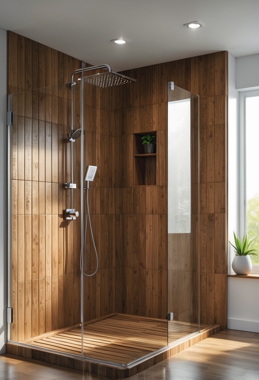 A walk-in shower with natural wood-look tiles on the walls and floor, clear glass panels, and a rain showerhead.