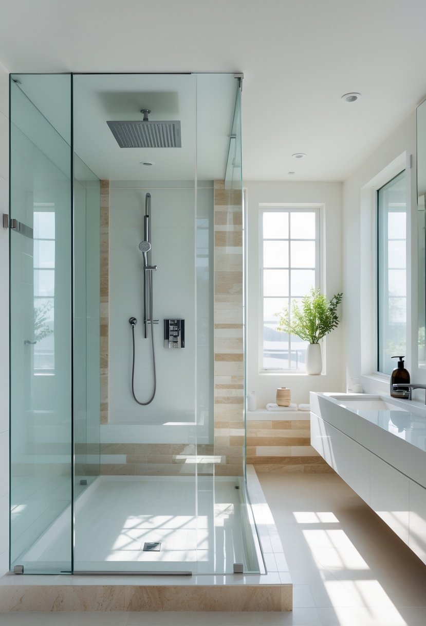 A spacious bathroom with a large walk-in shower enclosed by clear glass panels and modern fixtures.