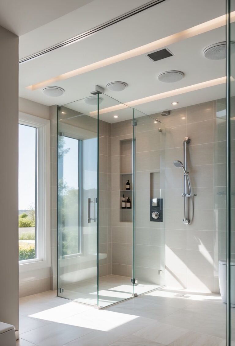 A spacious walk-in shower with glass doors and recessed ceiling speakers integrated into the ceiling.