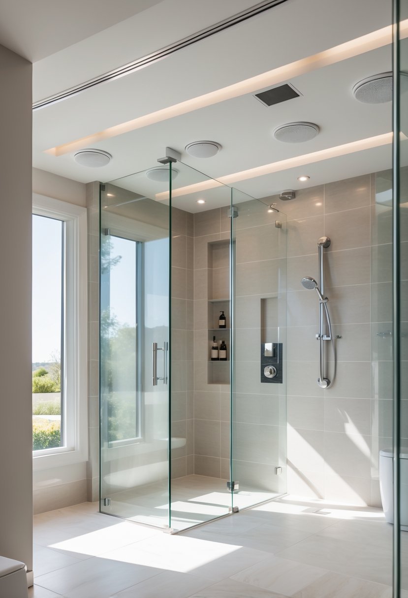A spacious walk-in shower with glass doors and recessed ceiling speakers integrated into the ceiling.