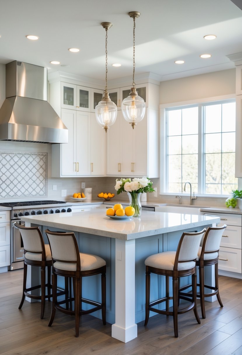 A modern kitchen with a large island surrounded by four bar stools and natural light coming through windows.