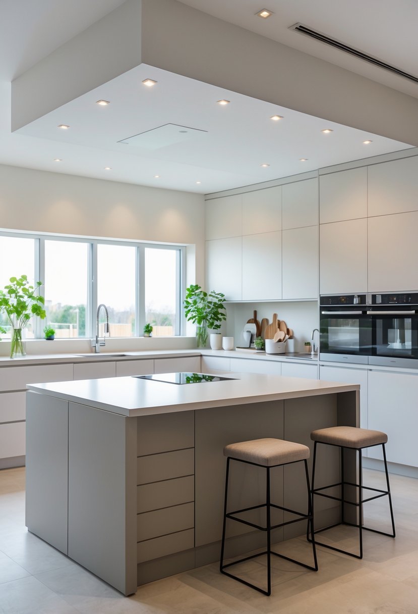 A kitchen with an L-shaped island that includes built-in bench seating and bar stools, surrounded by modern appliances and natural light.