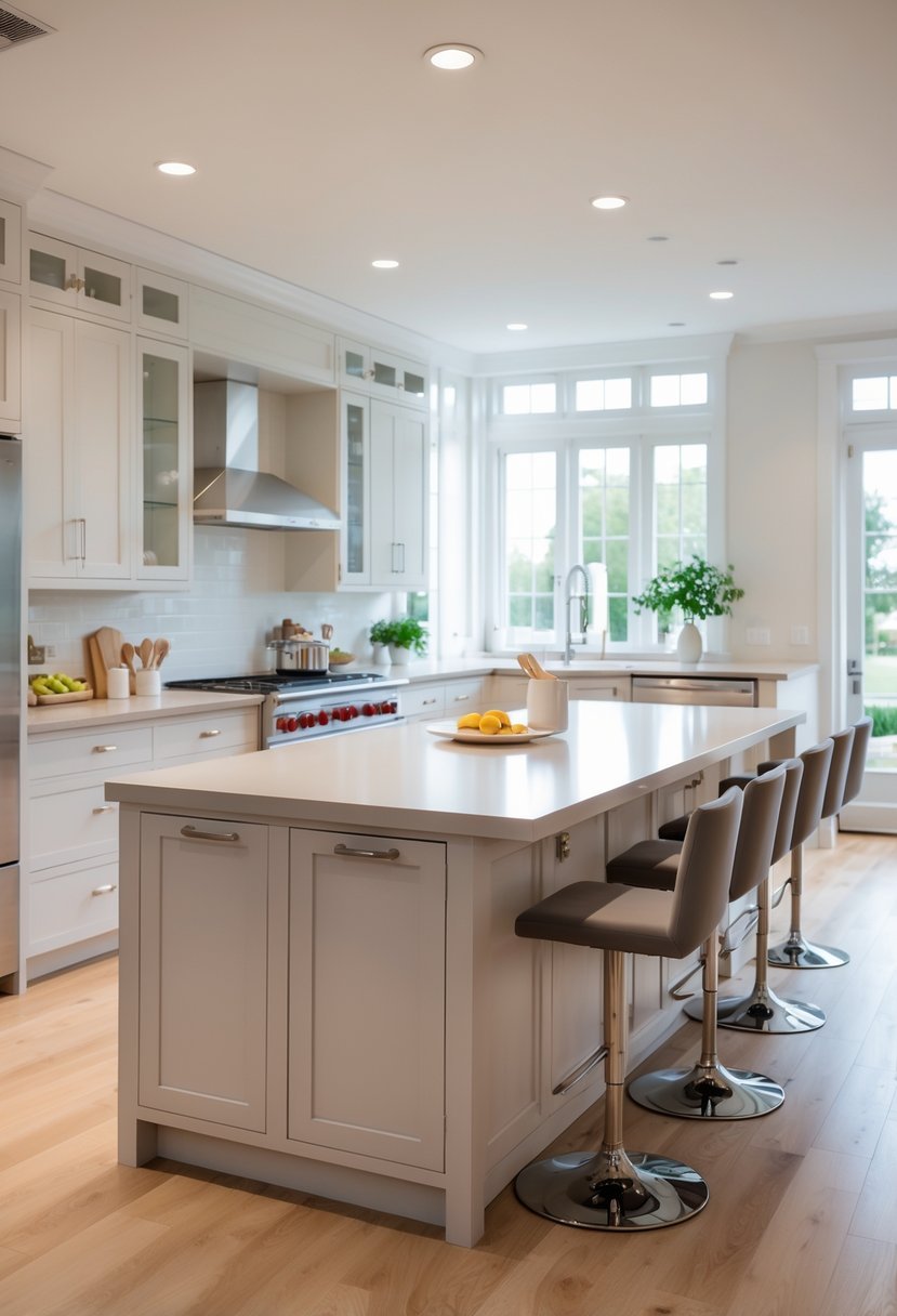 A modern kitchen with a large island, bar stools, and storage cabinets underneath.