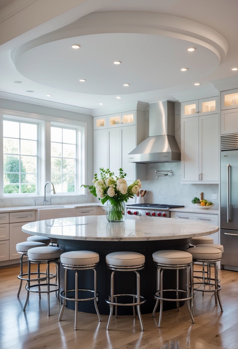 A bright kitchen with a round island surrounded by swivel stools.