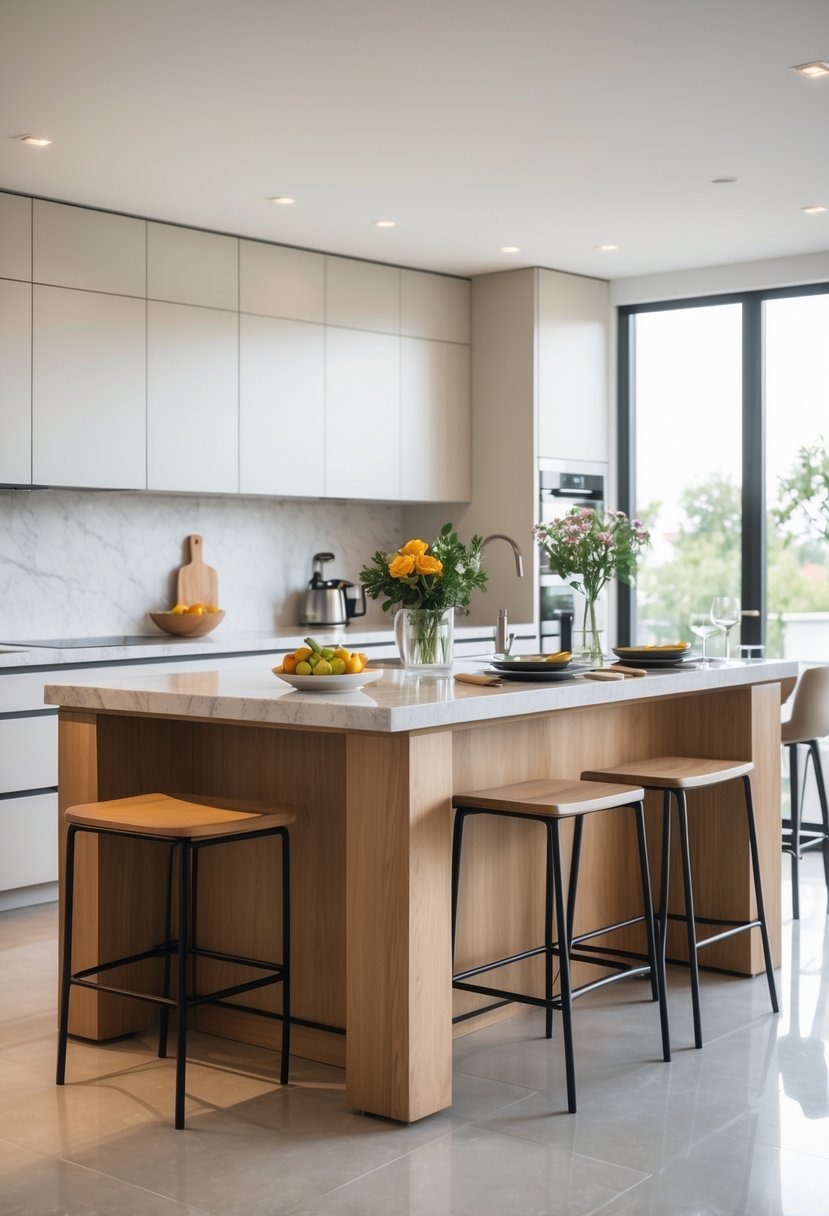 A kitchen with a multilevel island that includes a food preparation area and a raised seating area with stools.