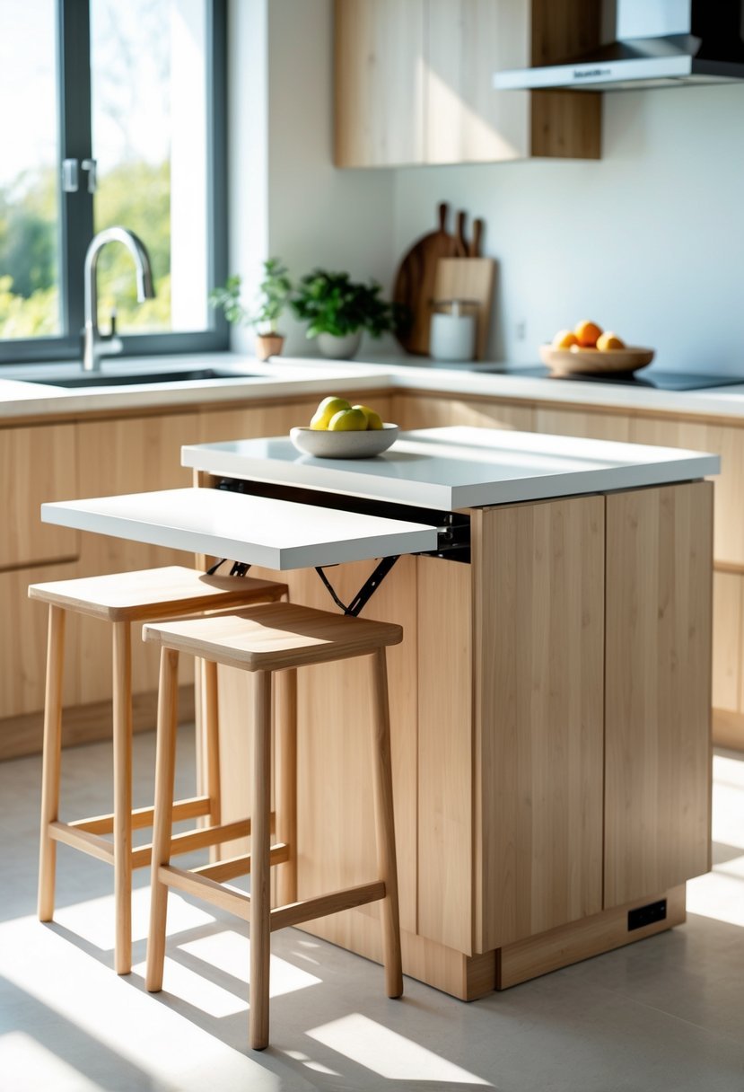 Compact kitchen island with fold-out seating in a bright kitchen with two stools pulled out.
