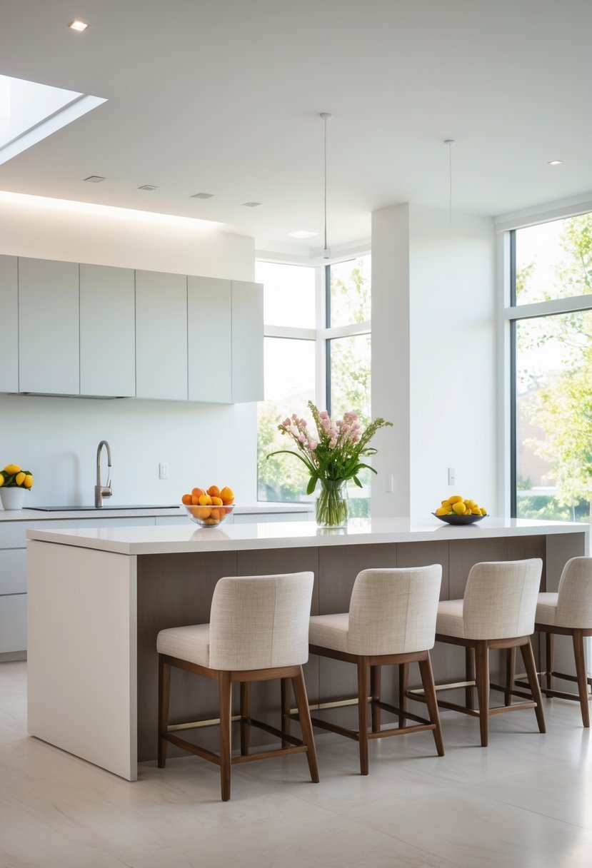 A kitchen island with an integrated breakfast nook surrounded by upholstered chairs in a bright kitchen.