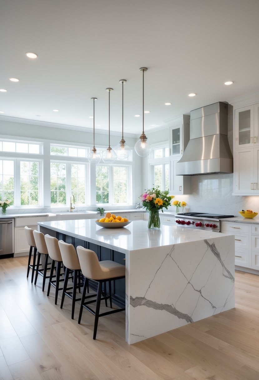 A large kitchen island with six bar stools in a bright kitchen with modern appliances and natural light.