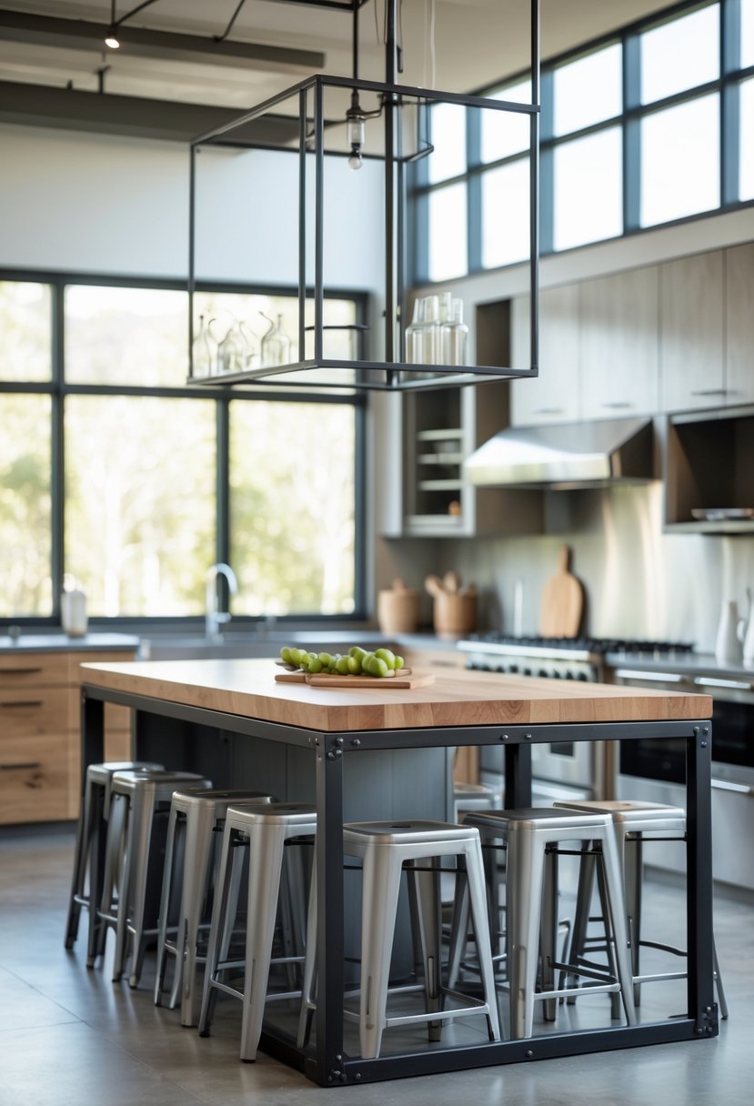 A modern kitchen with a central island surrounded by metal stools and kitchen cabinets in the background.