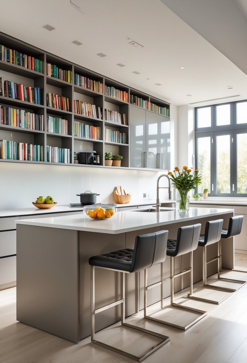Kitchen island with built-in bookshelves and seating in a bright, spacious kitchen.