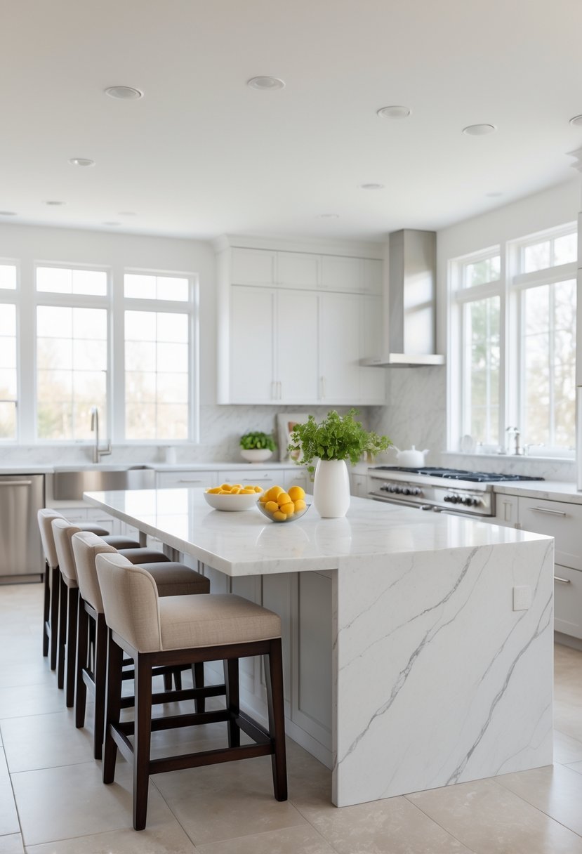 A kitchen with a marble countertop island surrounded by cushioned bar stools.