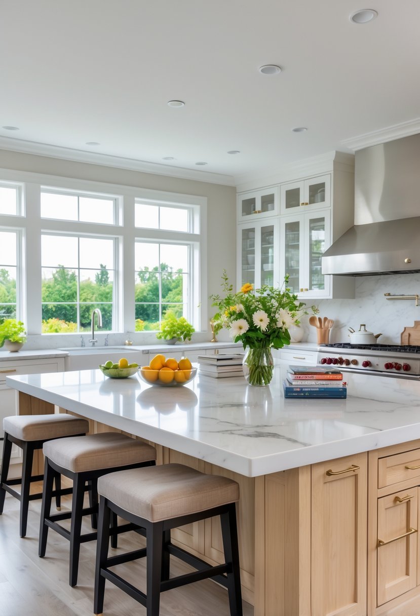 A spacious kitchen with a large island topped with white marble, surrounded by bar stools, natural light, and modern appliances.