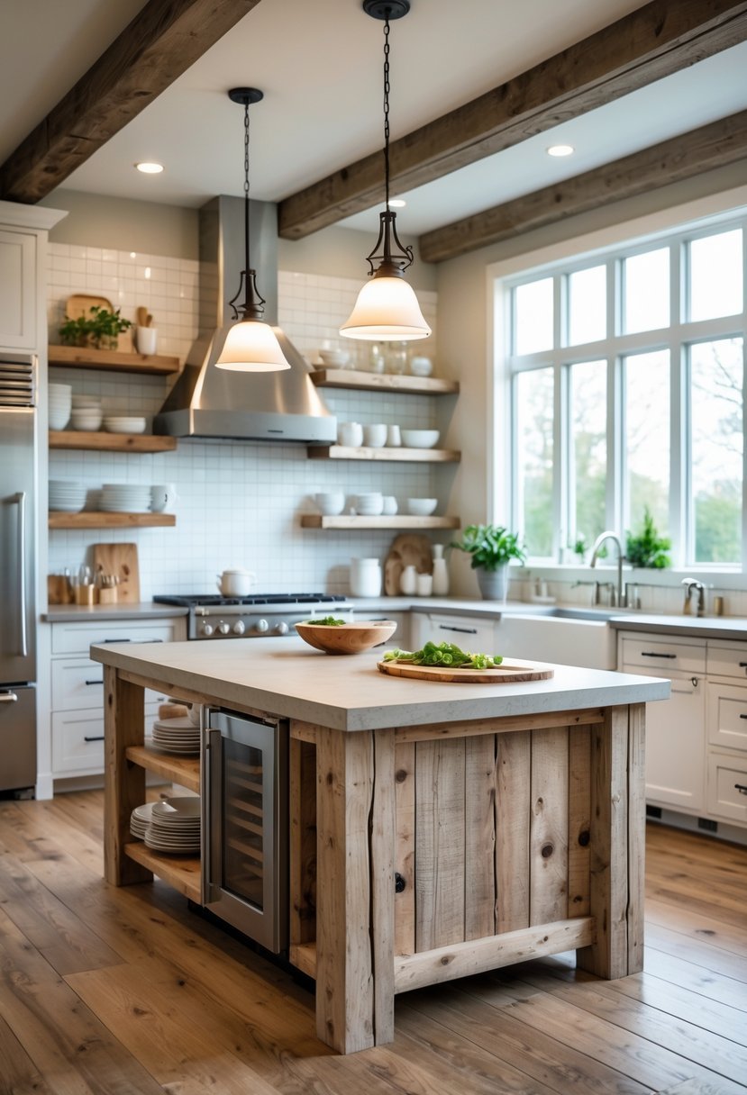A kitchen with a wooden island in the center surrounded by modern appliances and natural light.