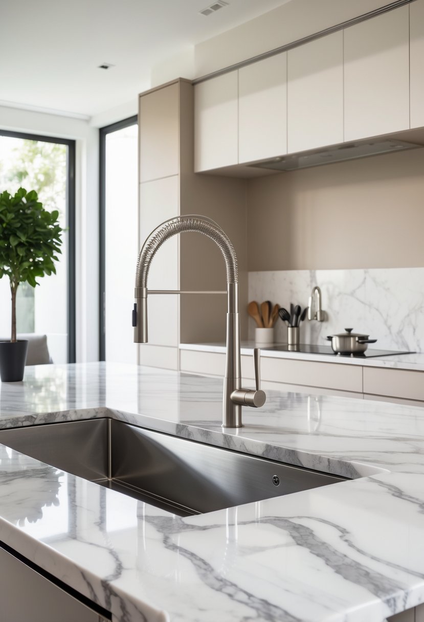 A kitchen with a marble top island featuring a built-in sink and modern cabinets.
