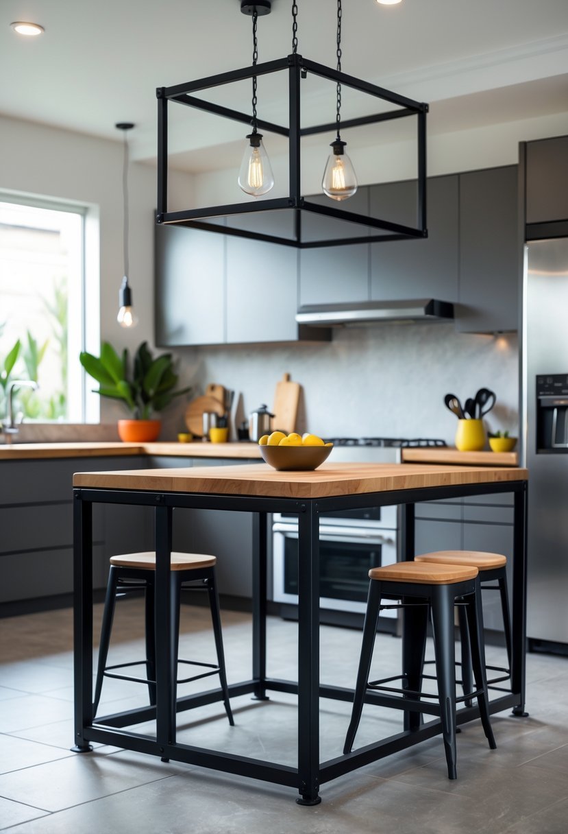 A modern kitchen with a metal frame island, bar stools, and stainless steel appliances.