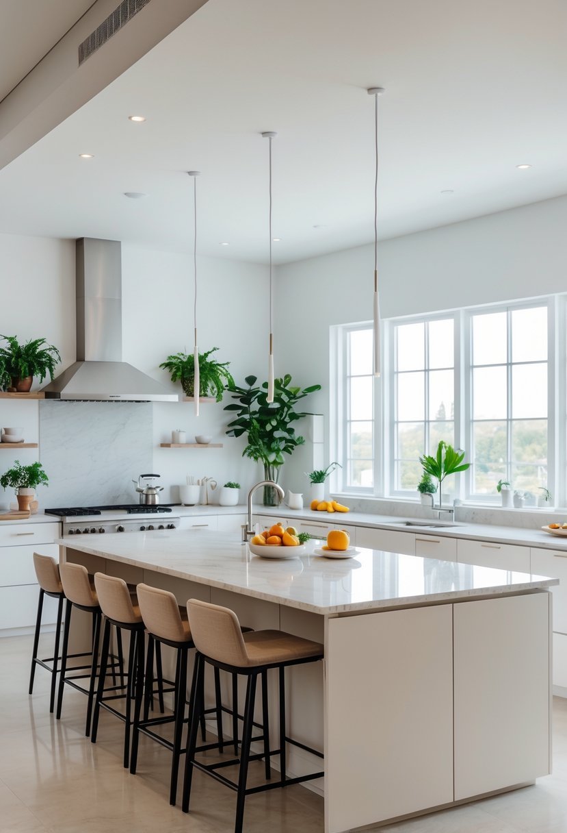 A kitchen island with seating in a bright kitchen, featuring bar stools and modern appliances.