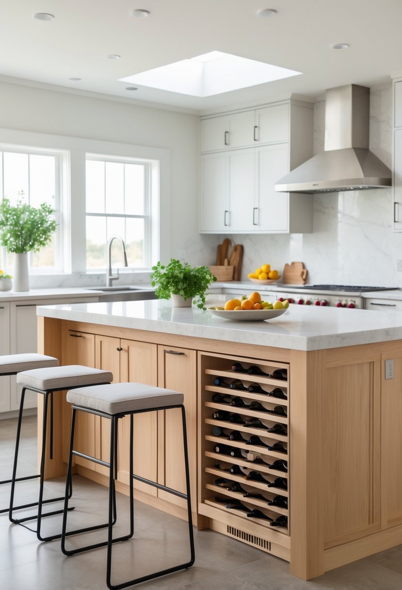 A kitchen with a large island featuring a built-in wine rack holding bottles, surrounded by bar stools and bright natural light.