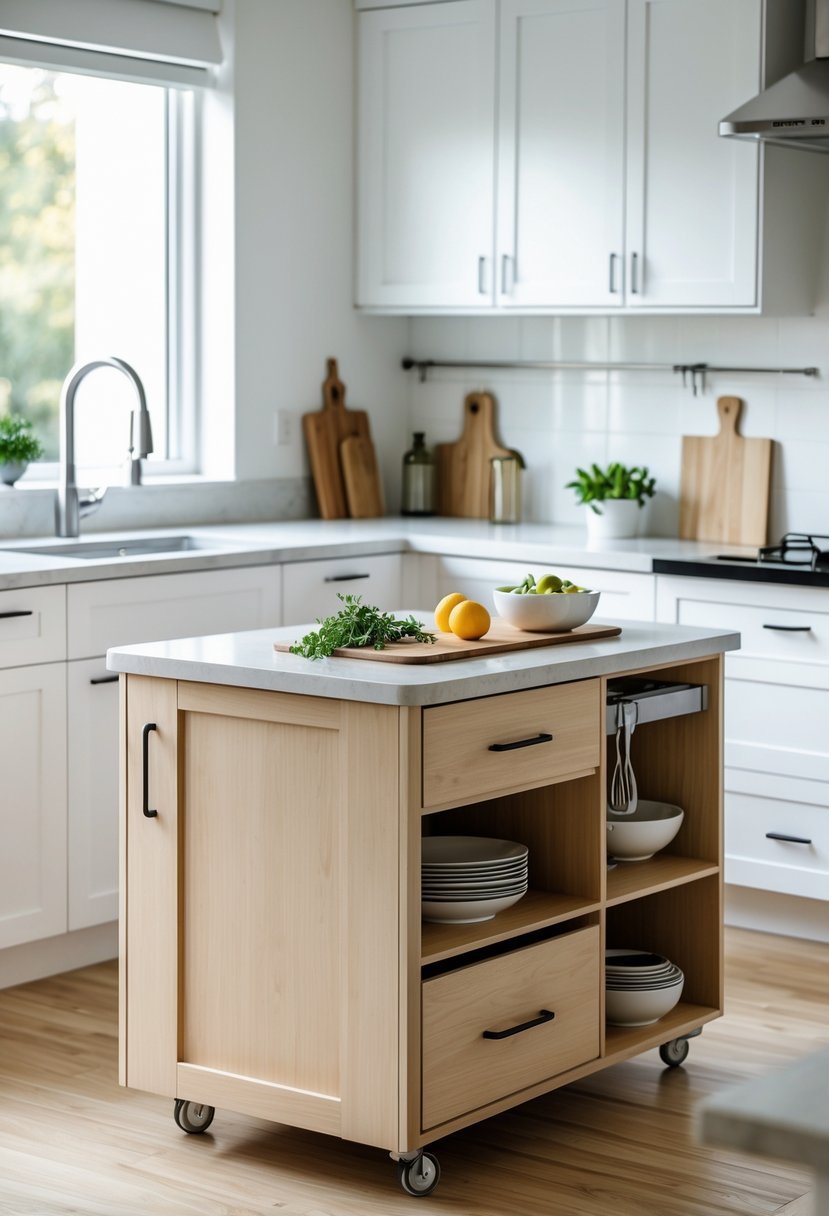 Compact kitchen island in a small kitchen with built-in storage and a clean, organized countertop.