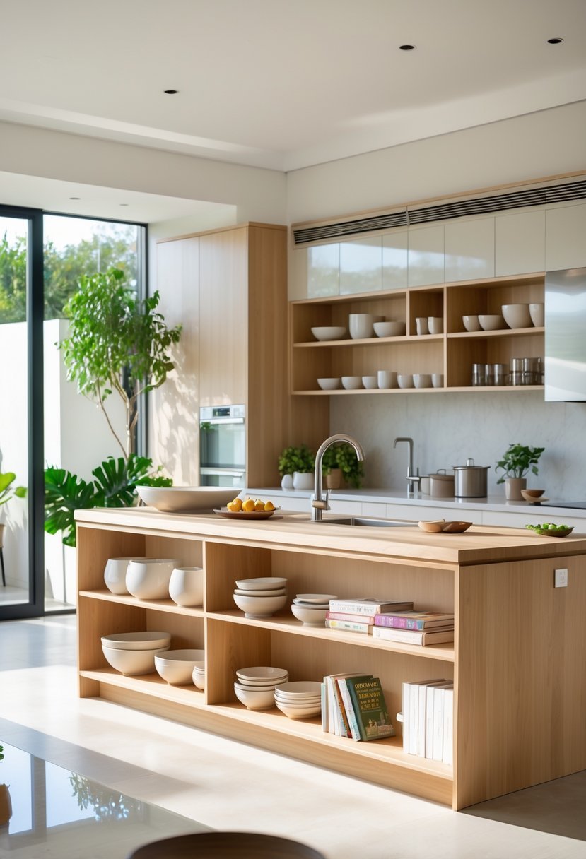 A modern kitchen with a large wooden kitchen island featuring open shelves holding kitchenware, surrounded by bright cabinets and appliances.