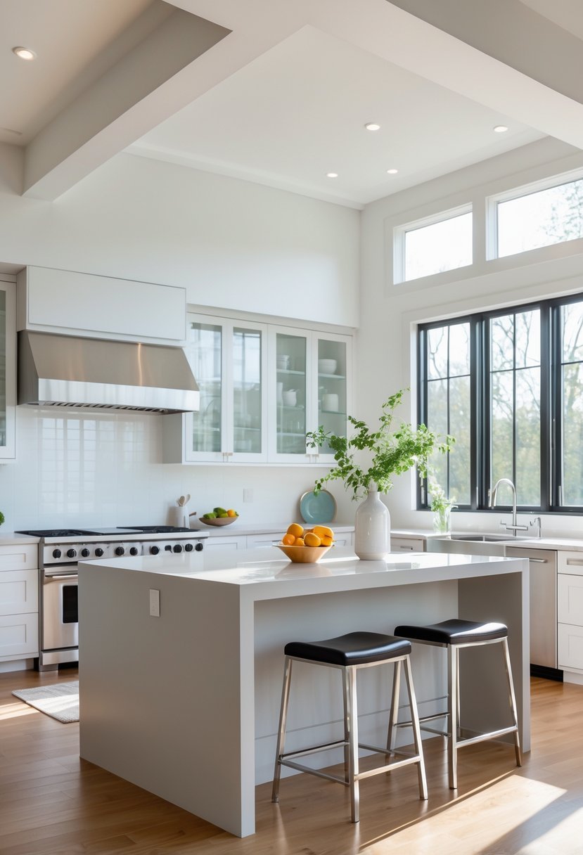 A modern kitchen with a double-tier island featuring a prep area and an elevated dining bar with stools.