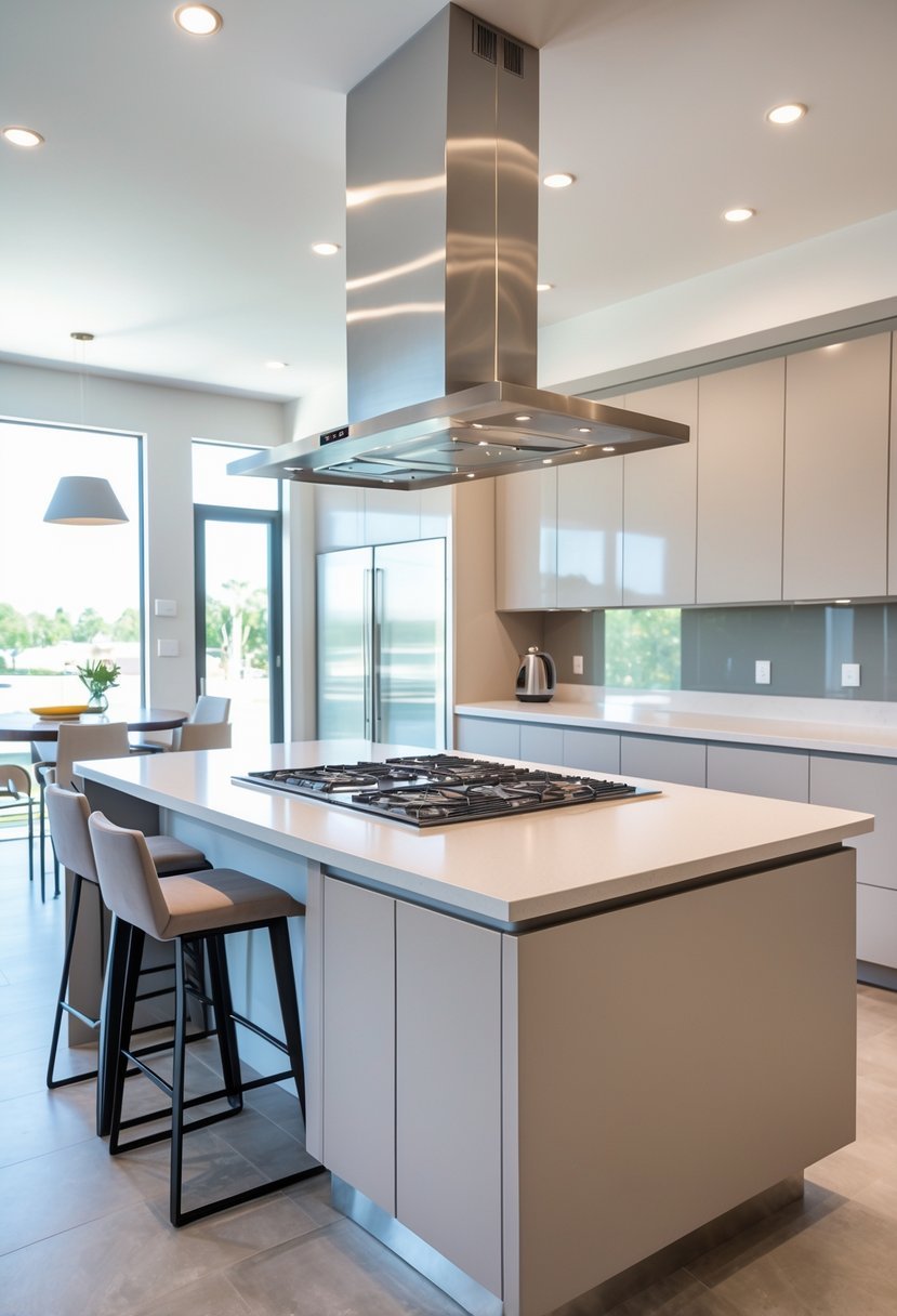 A modern kitchen with a large island that has a built-in cooktop, surrounded by bar stools and illuminated by pendant lights.