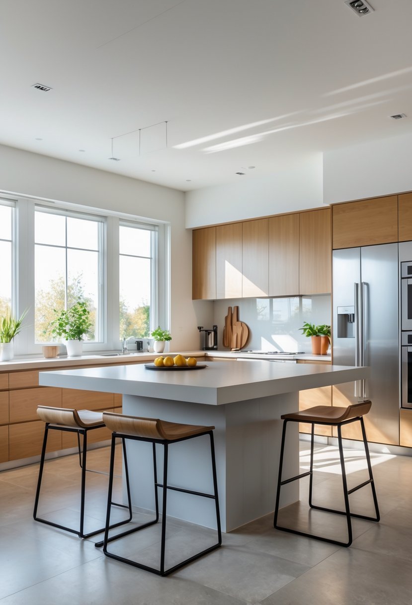 A modern kitchen with a floating kitchen island in the center, surrounded by bar stools and kitchen cabinets.