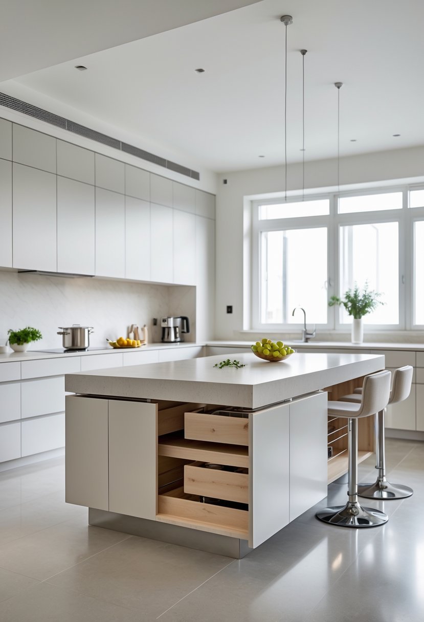 A modern kitchen with a large island featuring hidden storage compartments and bar stools around it.