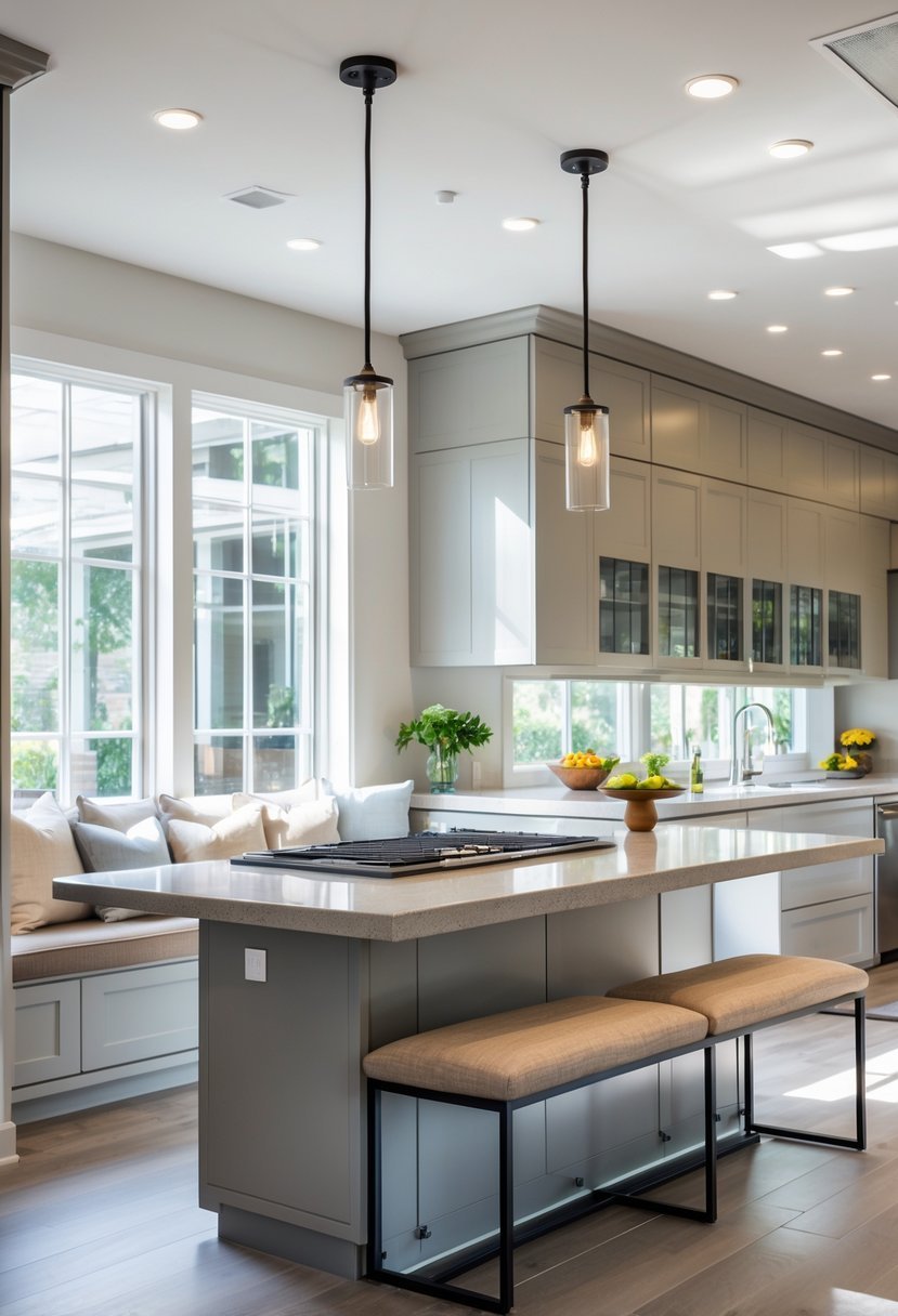 A kitchen with a large island that has built-in banquette seating along one side, surrounded by modern cabinetry and appliances.