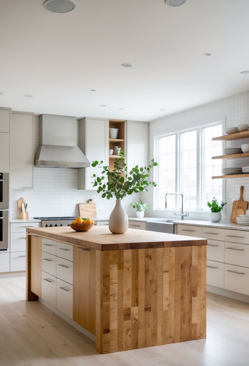 A kitchen with a large island topped with butcher block wood, surrounded by cabinetry and appliances.